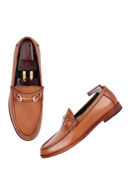 Fellmonger_Brown Stitchline Thread Glossed Horsebit Mocassins _at_Aza_Fashions