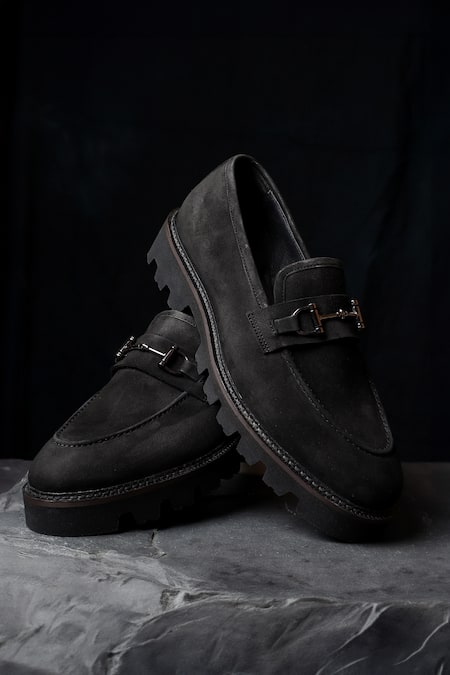 Fellmonger Black Stitchline Thread Nubuck Buckle Loafers 