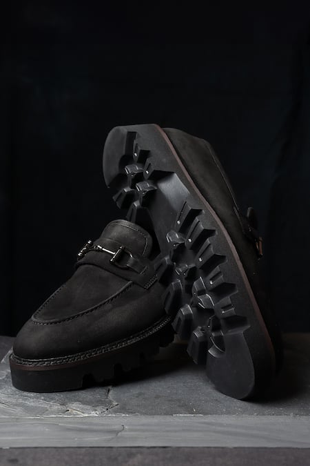 Fellmonger_Black Stitchline Thread Nubuck Buckle Loafers _Online_at_Aza_Fashions