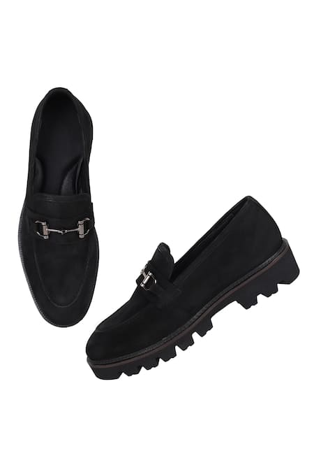 Shop Fellmonger Black Stitchline Thread Nubuck Buckle Loafers Online at Aza Fashions Shop_Fellmonger_Black Stitchline Thread Nubuck Buckle Loafers _Online_at_Aza_Fashions
