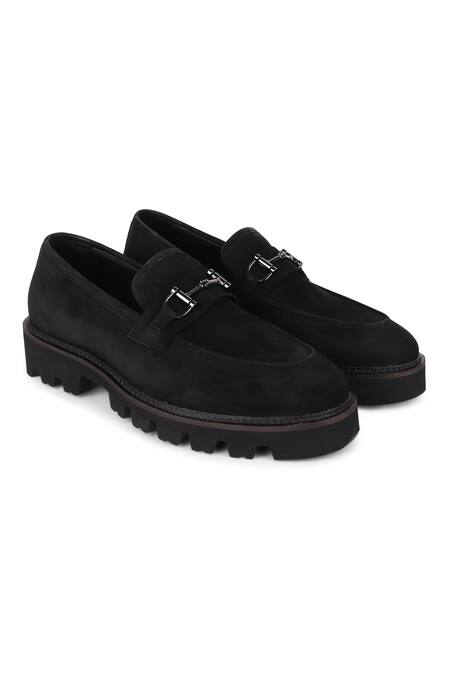 Fellmonger_Black Stitchline Thread Nubuck Buckle Loafers _at_Aza_Fashions