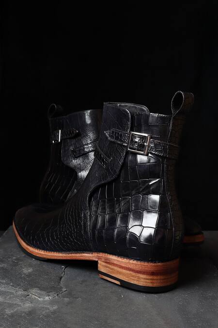 Fellmonger_Black Croco Mirror Glossed Jodhpur Boots _Online_at_Aza_Fashions