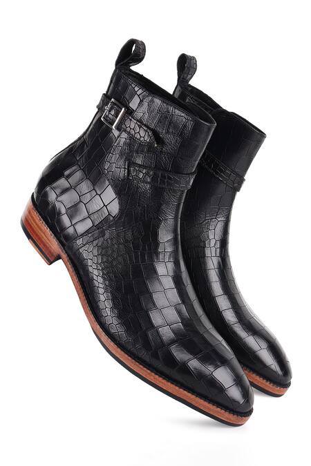 Buy_Fellmonger_Black Croco Mirror Glossed Jodhpur Boots _Online_at_Aza_Fashions