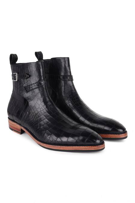 Buy_Fellmonger_Black Croco Mirror Glossed Jodhpur Boots 
