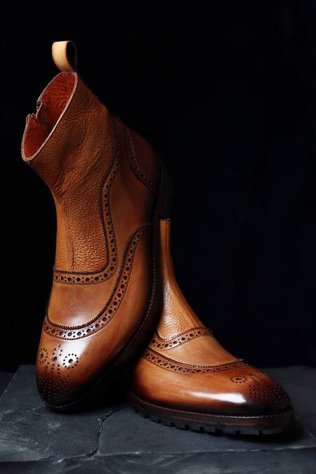 Fellmonger_Brown Patina Mirror Glossed Medallion U Tip Boots _Online_at_Aza_Fashions