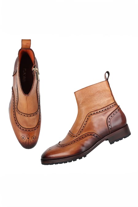 Shop_Fellmonger_Brown Patina Mirror Glossed Medallion U Tip Boots _Online_at_Aza_Fashions