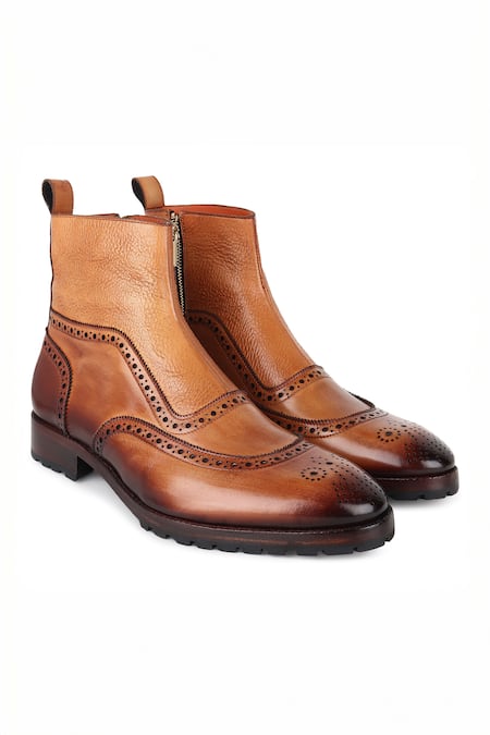 Fellmonger_Brown Patina Mirror Glossed Medallion U Tip Boots _at_Aza_Fashions