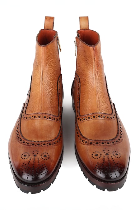 Buy_Fellmonger_Brown Patina Mirror Glossed Medallion U Tip Boots 