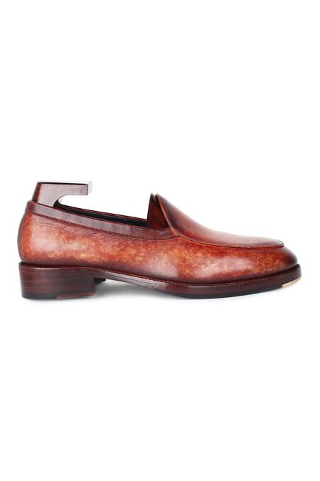Buy_Fellmonger_Brown Stitchline Thread Mirror Glossed Marble Patina Belgian Loafers _Online_at_Aza_Fashions