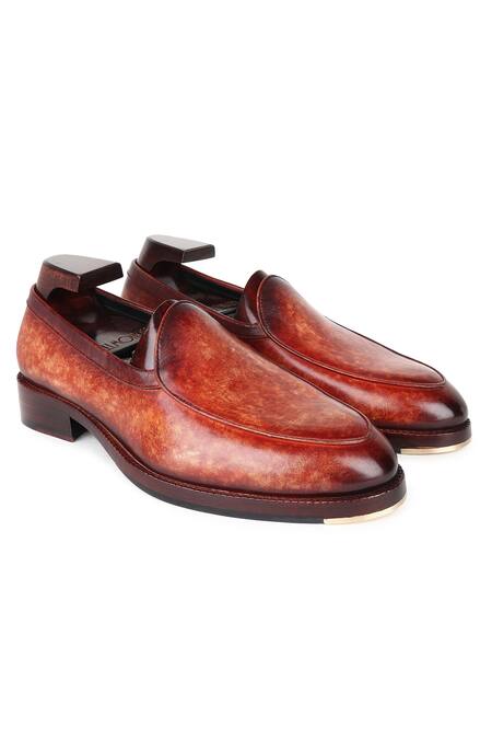 Fellmonger_Brown Stitchline Thread Mirror Glossed Marble Patina Belgian Loafers _at_Aza_Fashions