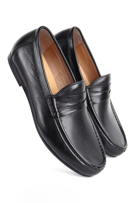 Shop Fellmonger Black Stitchline Thread Cutwork Strap Mocassins at Aza Fashions Shop_Fellmonger_Black Stitchline Thread Cutwork Strap Mocassins _at_Aza_Fashions