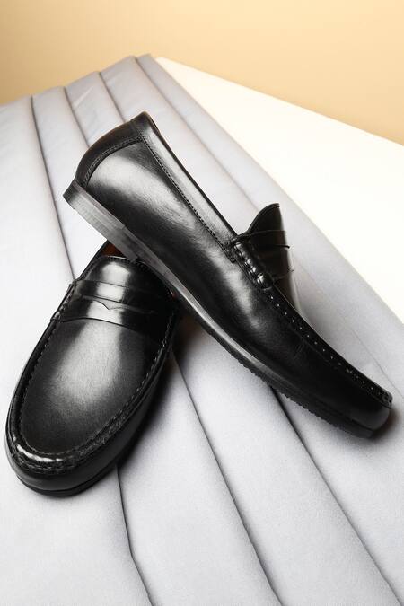 Fellmonger_Black Stitchline Thread Cutwork Strap Mocassins _Online_at_Aza_Fashions