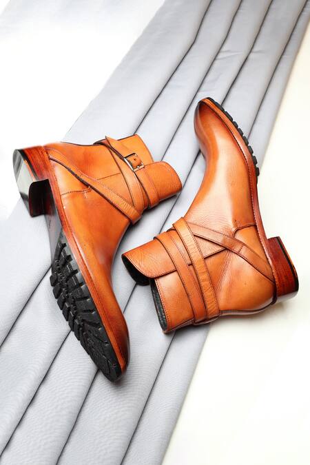 Fellmonger_Brown Mirror Glossed Jodhpur Boots _Online_at_Aza_Fashions