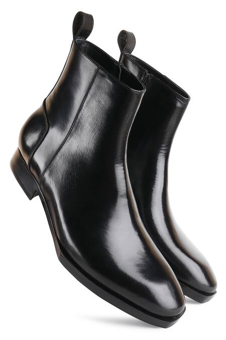 Fellmonger_Black Plain Leather Boots _at_Aza_Fashions