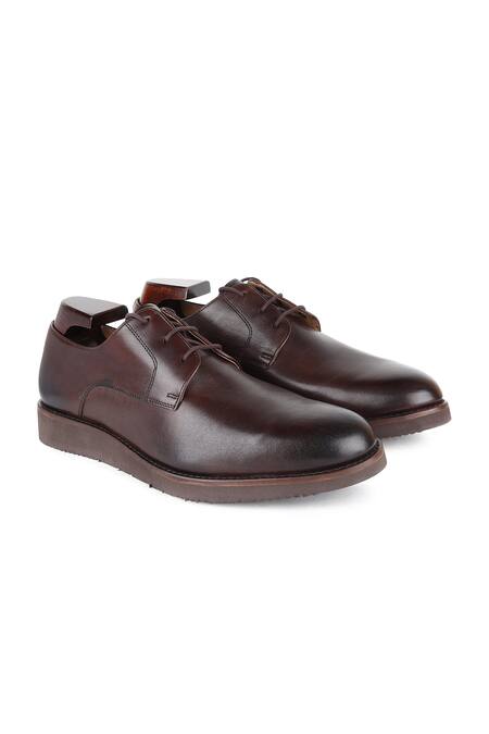 Fellmonger_Brown Fine Grain Textured Leather Pain Derby Shoes_at_Aza_Fashions