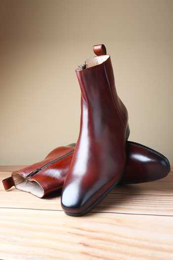 Fellmonger_Brown Glossed Leather Shaded Toe Boots _Online_at_Aza_Fashions