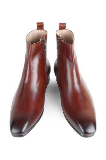 Fellmonger_Brown Glossed Leather Shaded Toe Boots _at_Aza_Fashions
