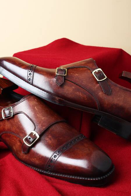 Fellmonger_Brown Mirror Glossed Leather Double Monk Strap Shoes _Online_at_Aza_Fashions
