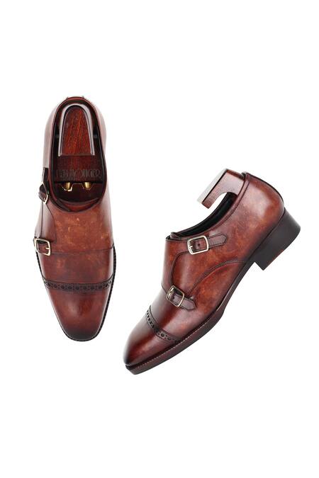Buy_Fellmonger_Brown Mirror Glossed Leather Double Monk Strap Shoes _Online_at_Aza_Fashions