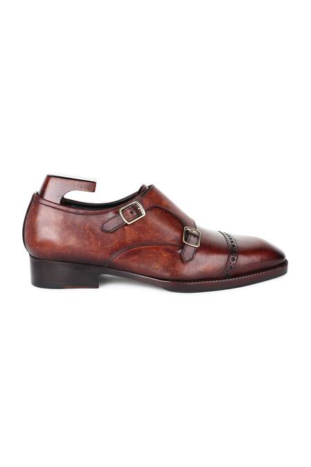 Shop_Fellmonger_Brown Mirror Glossed Leather Double Monk Strap Shoes _Online_at_Aza_Fashions