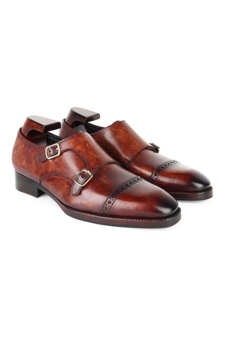 Fellmonger_Brown Mirror Glossed Leather Double Monk Strap Shoes _at_Aza_Fashions