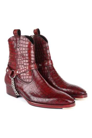 Shop Fellmonger Maroon Croco Leather Textured Boots at Aza Fashions Shop_Fellmonger_Maroon Croco Leather Textured Boots _at_Aza_Fashions