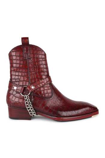 Fellmonger Maroon Croco Leather Textured Boots Online at Aza Fashions Fellmonger_Maroon Croco Leather Textured Boots _Online_at_Aza_Fashions
