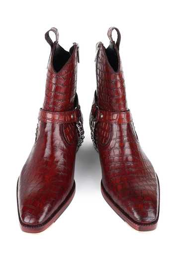 Buy Fellmonger Maroon Croco Leather Textured Boots Online at Aza Fashions Buy_Fellmonger_Maroon Croco Leather Textured Boots _Online_at_Aza_Fashions