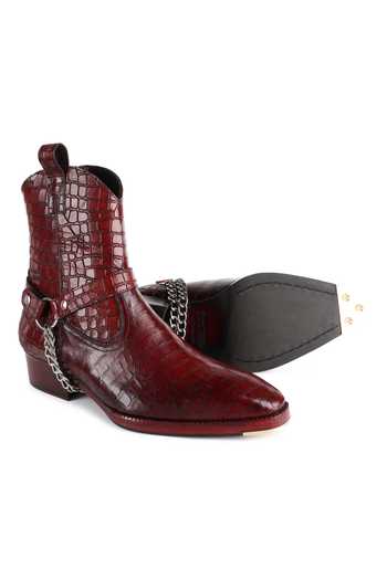 Shop Fellmonger Maroon Croco Leather Textured Boots Online at Aza Fashions Shop_Fellmonger_Maroon Croco Leather Textured Boots _Online_at_Aza_Fashions
