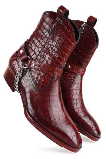 Fellmonger Maroon Croco Leather Textured Boots at Aza Fashions Fellmonger_Maroon Croco Leather Textured Boots _at_Aza_Fashions