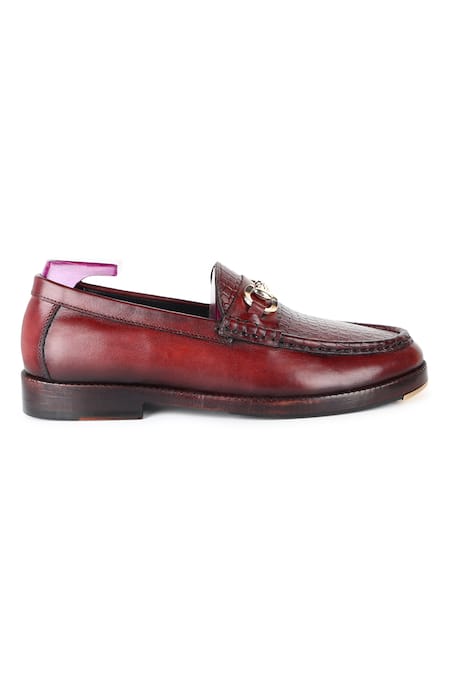 Fellmonger_Maroon Croco Texture Leather Buckle Embellished Loafers _Online_at_Aza_Fashions