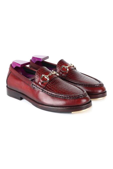 Shop_Fellmonger_Maroon Croco Texture Leather Buckle Embellished Loafers _Online_at_Aza_Fashions