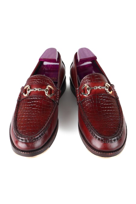 Fellmonger_Maroon Croco Texture Leather Buckle Embellished Loafers _at_Aza_Fashions