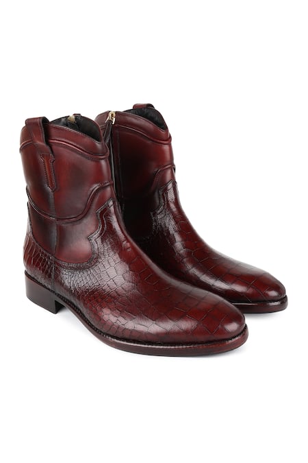Fellmonger_Maroon Croco Leather Cowboy Boots _Online_at_Aza_Fashions