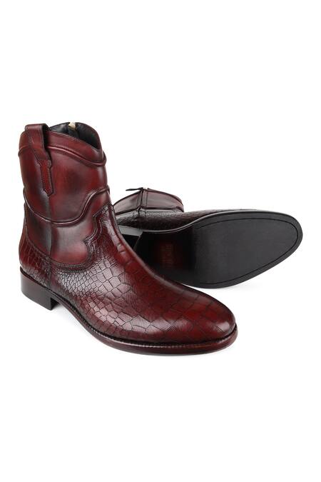 Fellmonger_Maroon Croco Leather Cowboy Boots _at_Aza_Fashions