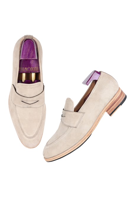 Fellmonger_Beige Plain Leather Pain Loafers _at_Aza_Fashions