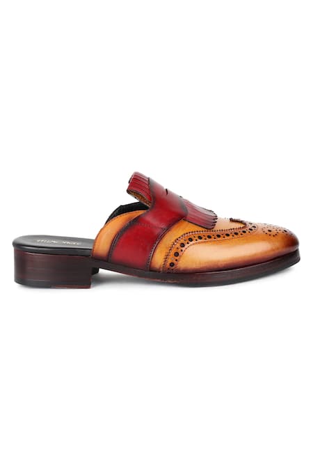 Shop_Fellmonger_Brown Textured Leather Mules _Online_at_Aza_Fashions