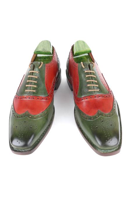 Shop_Fellmonger_Green Glossed Textured Leather Perforated Oxford Shoes _Online_at_Aza_Fashions