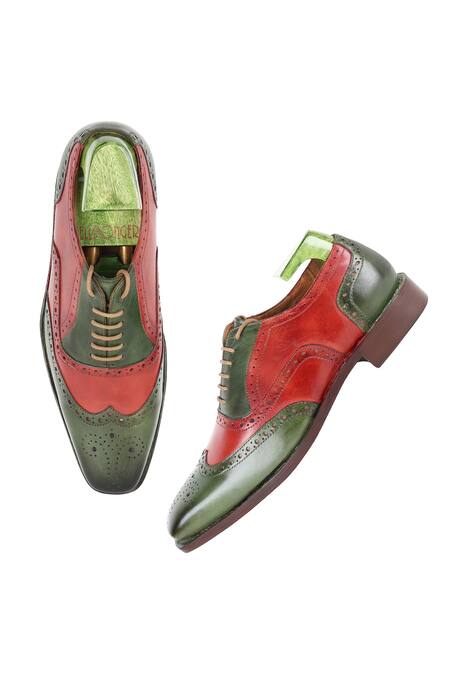 Fellmonger Green Glossed Textured Leather Perforated Oxford Shoes at Aza Fashions Fellmonger_Green Glossed Textured Leather Perforated Oxford Shoes _at_Aza_Fashions