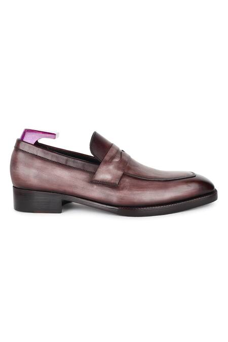 Fellmonger_Grey Plain Leather Square Toe Loafers _at_Aza_Fashions