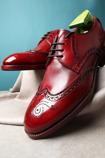 FELLMONGER Red Textured Leather Perforated Brogue Shoes 