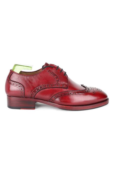 Fellmonger_Red Textured Leather Perforated Brogue Shoes _Online_at_Aza_Fashions
