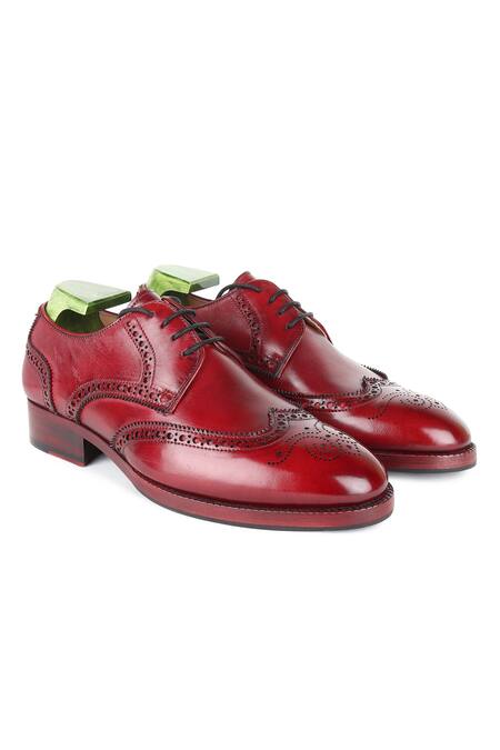 Buy_Fellmonger_Red Textured Leather Perforated Brogue Shoes _Online_at_Aza_Fashions