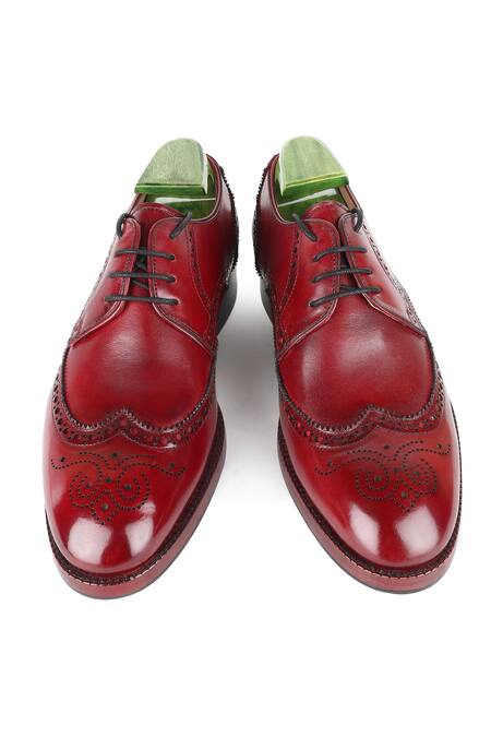 Shop_Fellmonger_Red Textured Leather Perforated Brogue Shoes _Online_at_Aza_Fashions