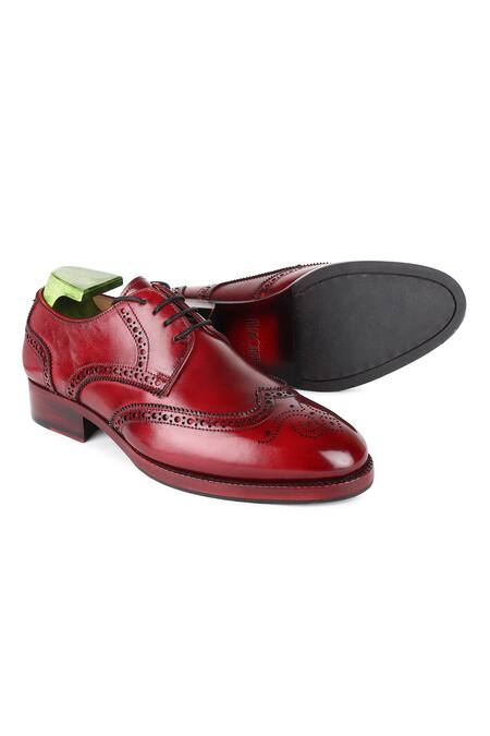 Fellmonger_Red Textured Leather Perforated Brogue Shoes _at_Aza_Fashions