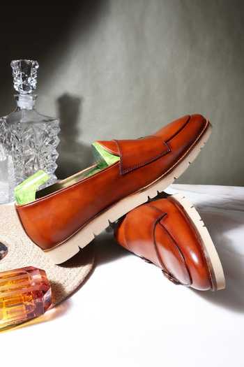 Fellmonger_Brown Plain Leather Double Strap Loafers _Online_at_Aza_Fashions