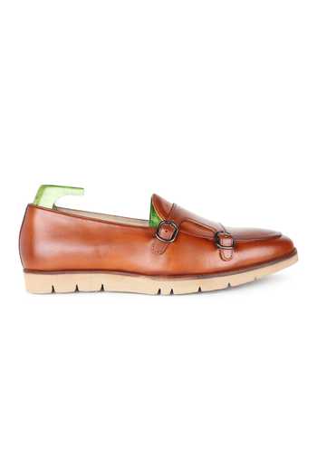 Shop_Fellmonger_Brown Plain Leather Double Strap Loafers _Online_at_Aza_Fashions