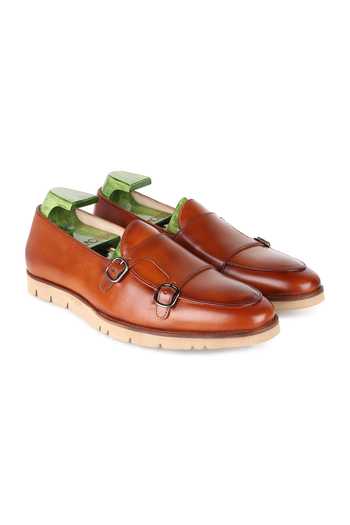 Fellmonger_Brown Plain Leather Double Strap Loafers _at_Aza_Fashions