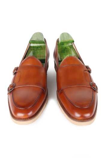 Buy_Fellmonger_Brown Plain Leather Double Strap Loafers 