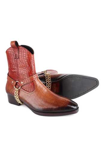 Fellmonger_Brown Croco Leather Glossed Cowboy Boots _Online_at_Aza_Fashions